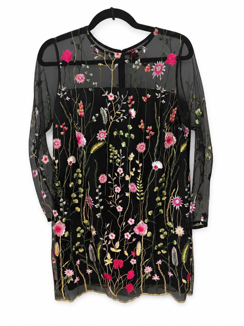 Love Ady Black Floral Embroidered Mesh Sheer Sleeve Shift Dress Size Medium